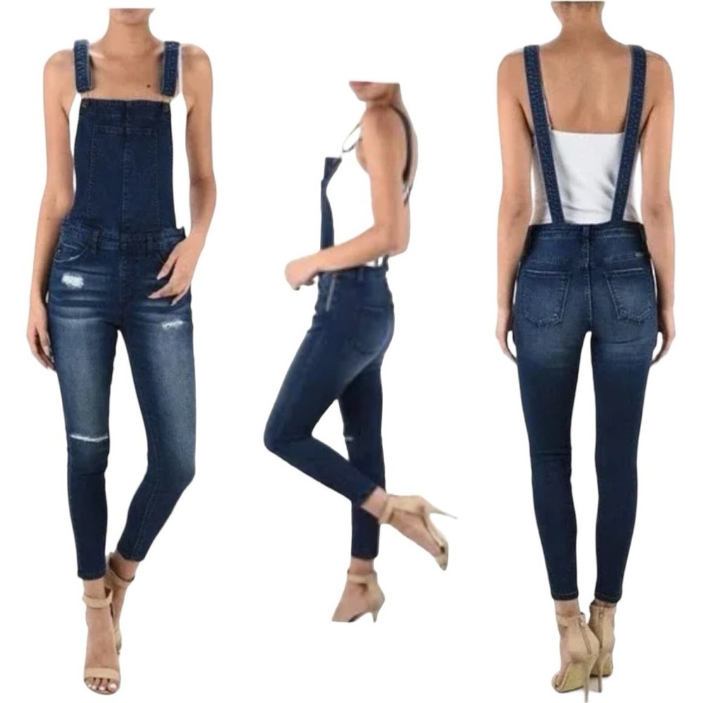 KanCan Dark Blue Distressed Denim Overalls